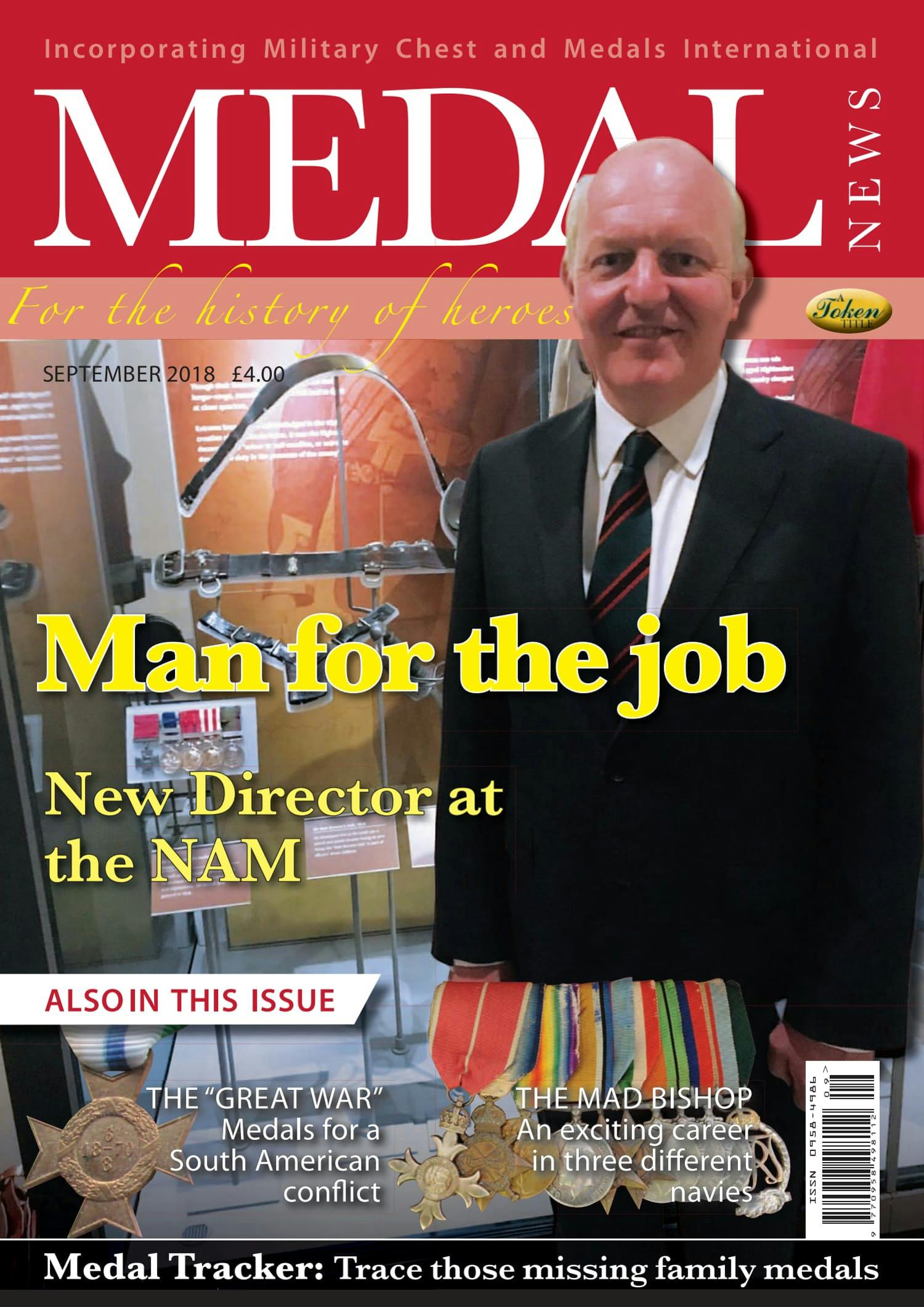 Front cover of 'Man for the job', Medal News September 2018, Volume 56, Number 8 by Token Publishing