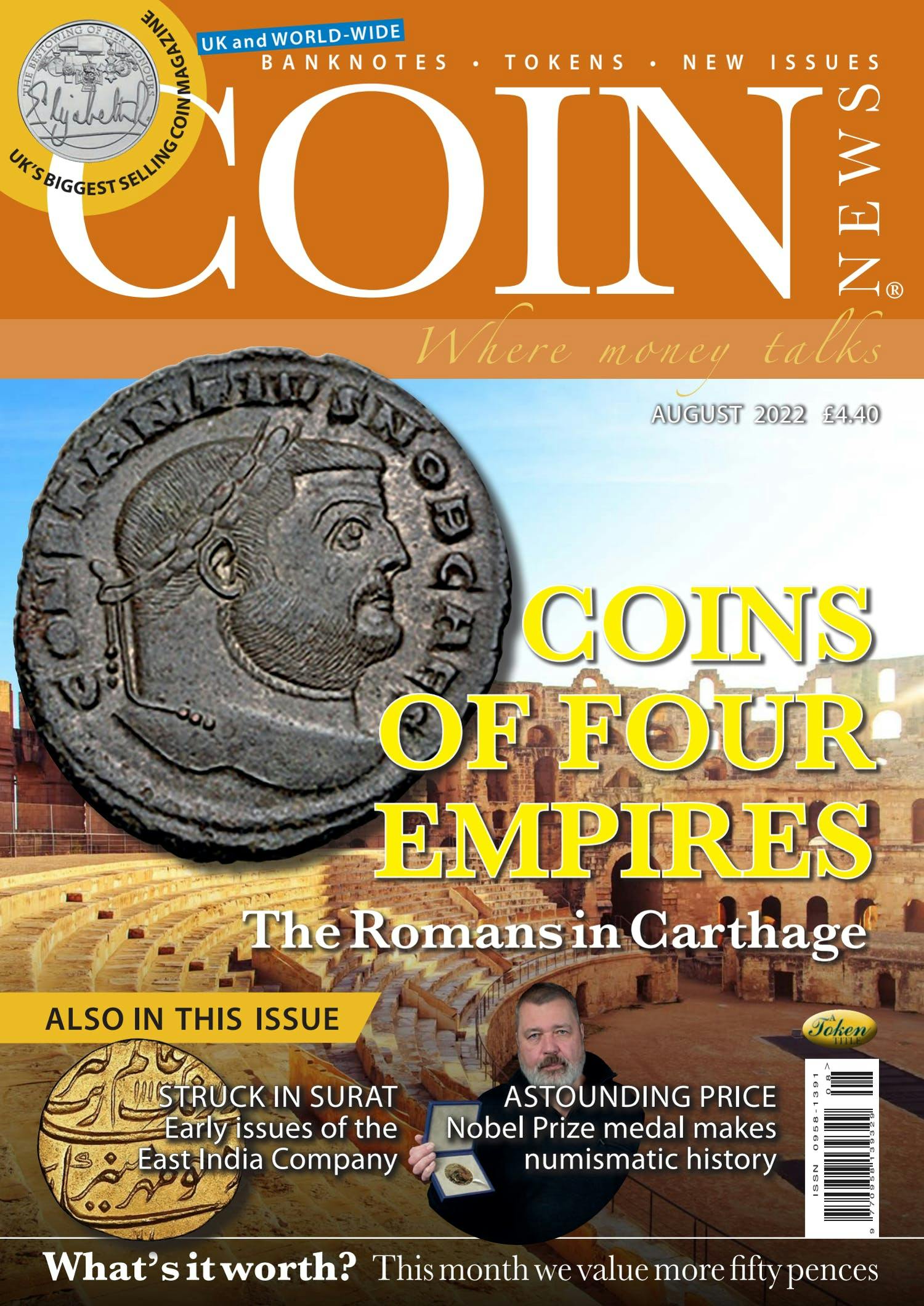 Front cover of 'Coins of four empires', Coin News August 2022, Volume 59, Number 8 by Token Publishing