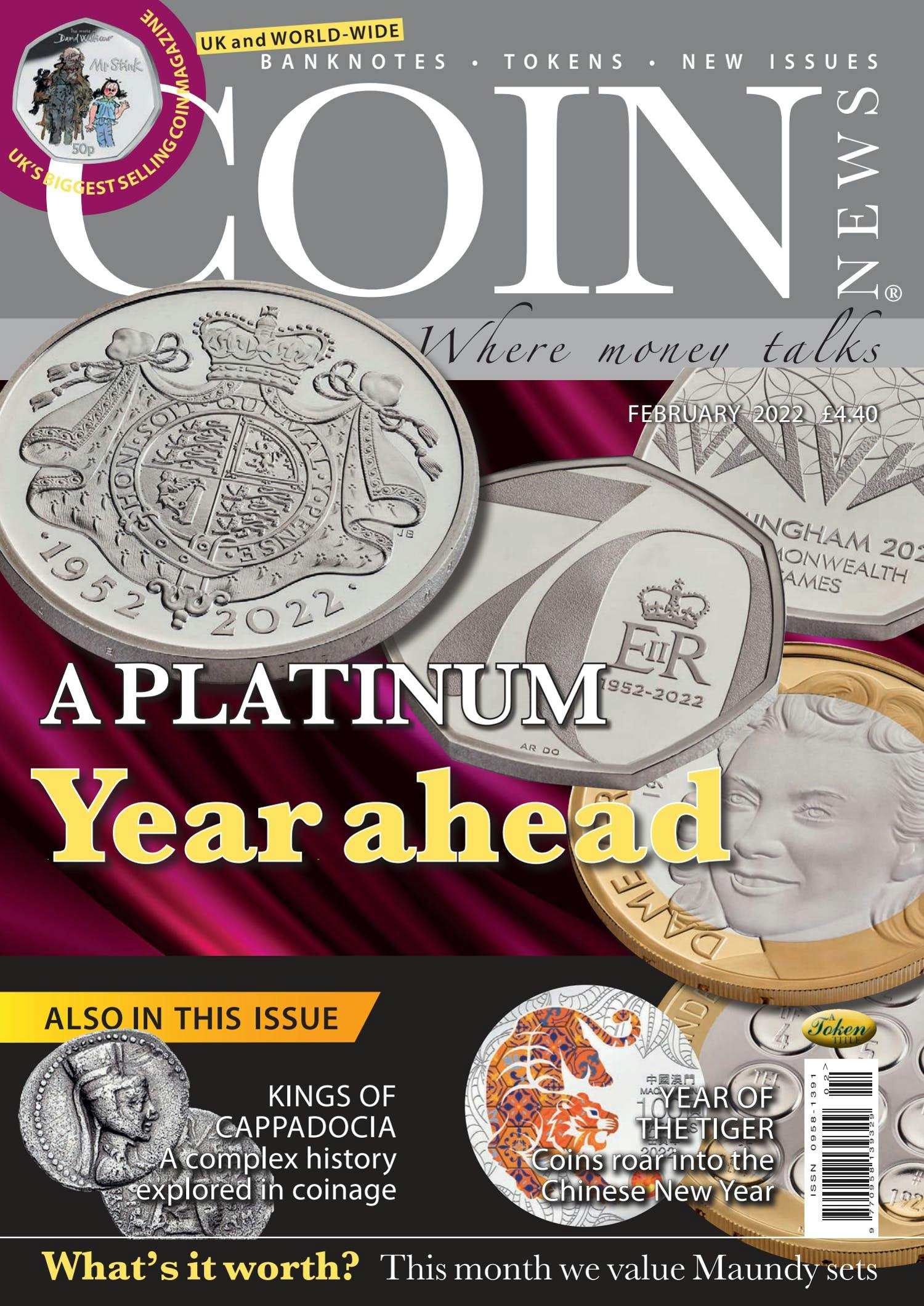Front cover of 'A platinum year ahead', Coin News February 2022, Volume 59, Number 2 by Token Publishing