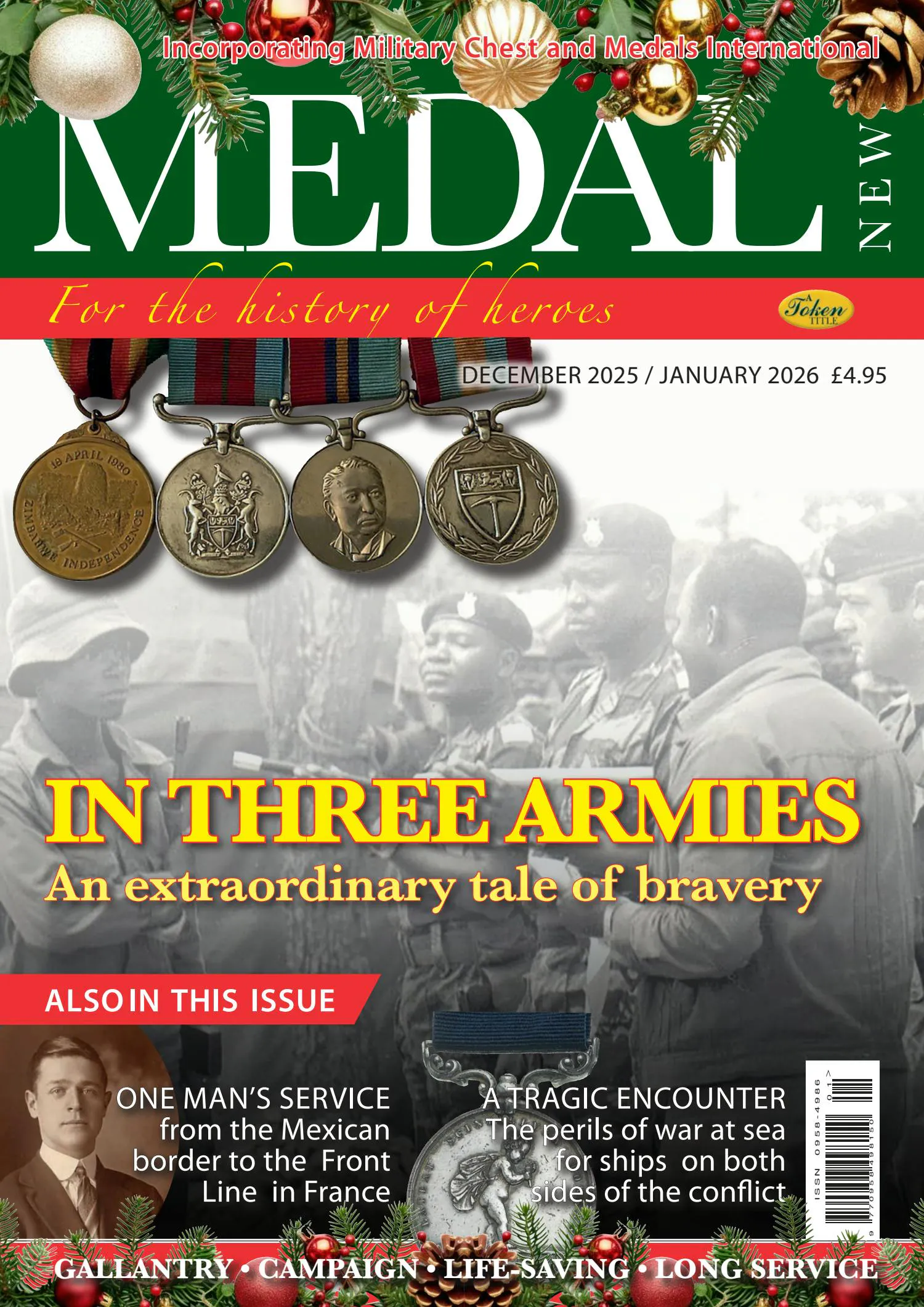 Front cover of 'In Three Armies', Medal News December 2025, Volume 64, Number 1 by Token Publishing