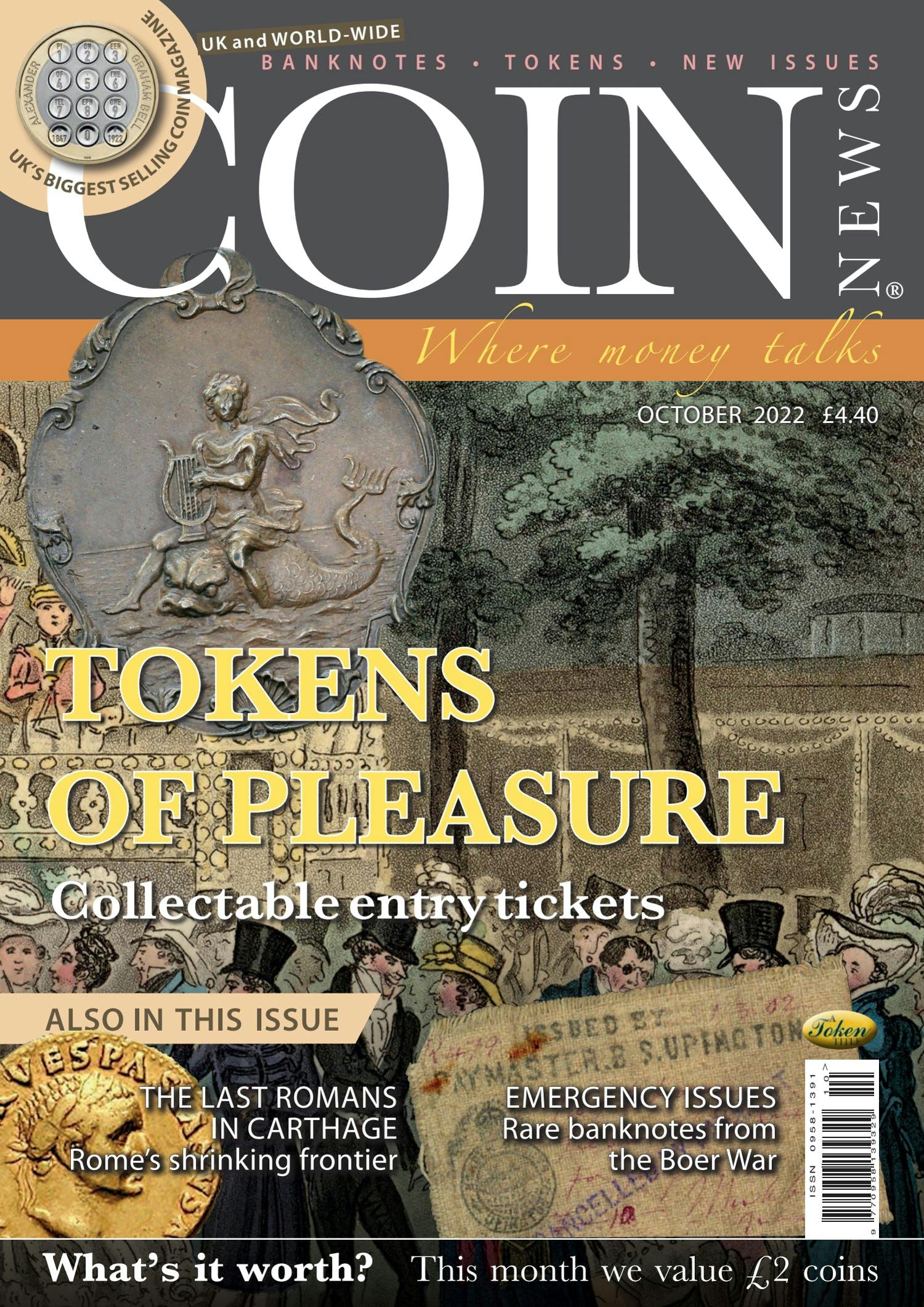 Front cover of 'Tokens for pleasure', Coin News October 2022, Volume 59, Number 10 by Token Publishing