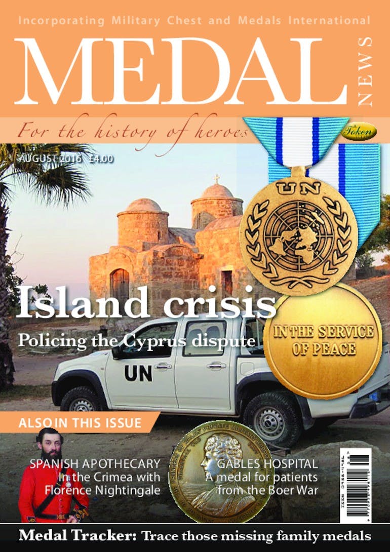 Front cover of 'Island Crisis', Medal News August 2016, Volume 54, Number 7 by Token Publishing
