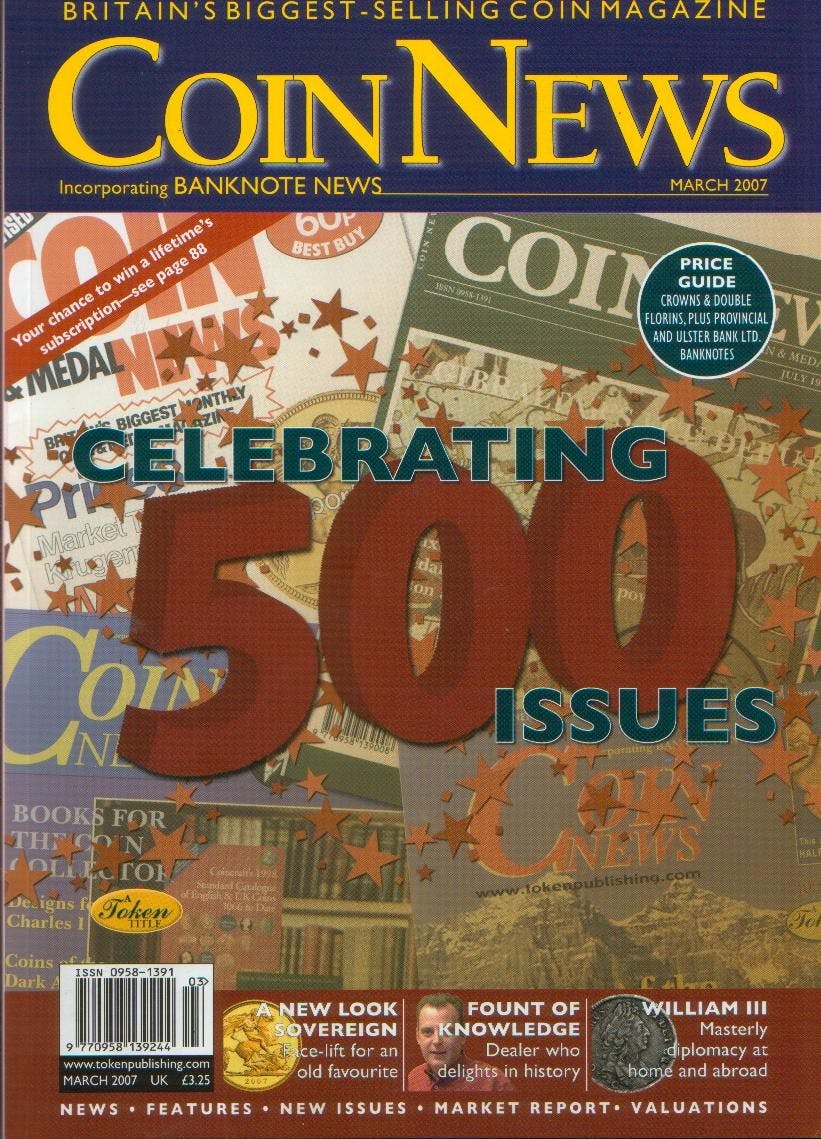 Front cover of '500, not out!', Coin News March 2007, Volume 44, Number 3 by Token Publishing