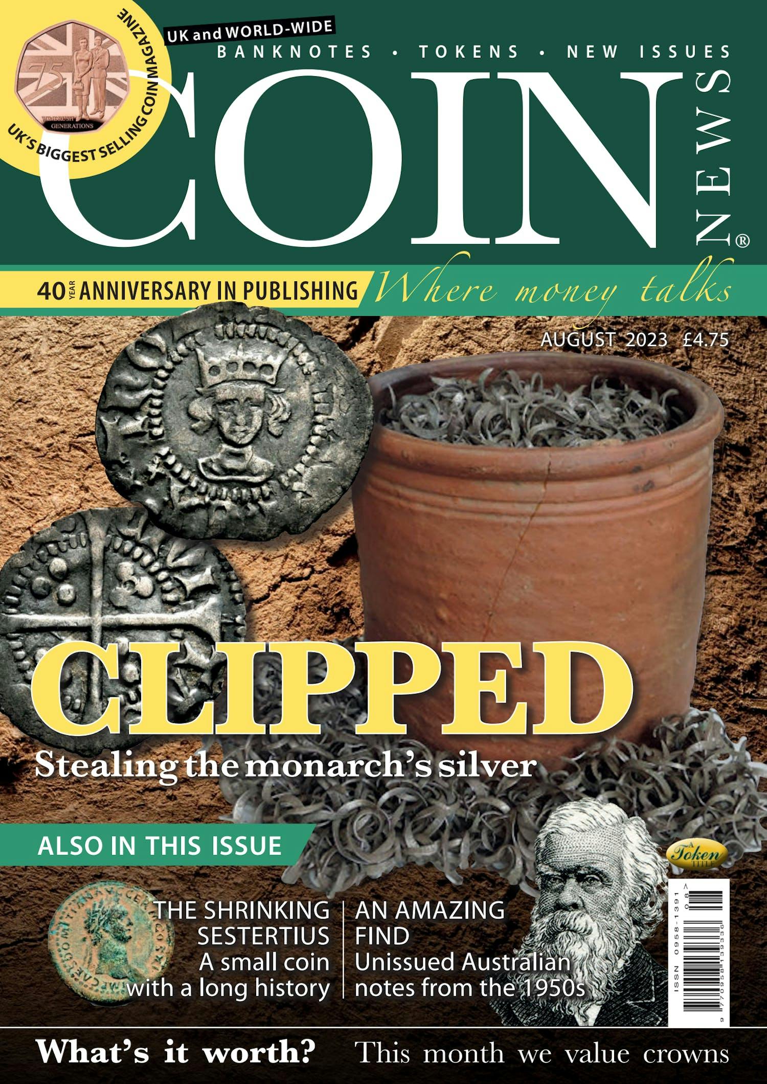 Front cover of 'Clipped', Coin News August 2023, Volume 60, Number 8 by Token Publishing
