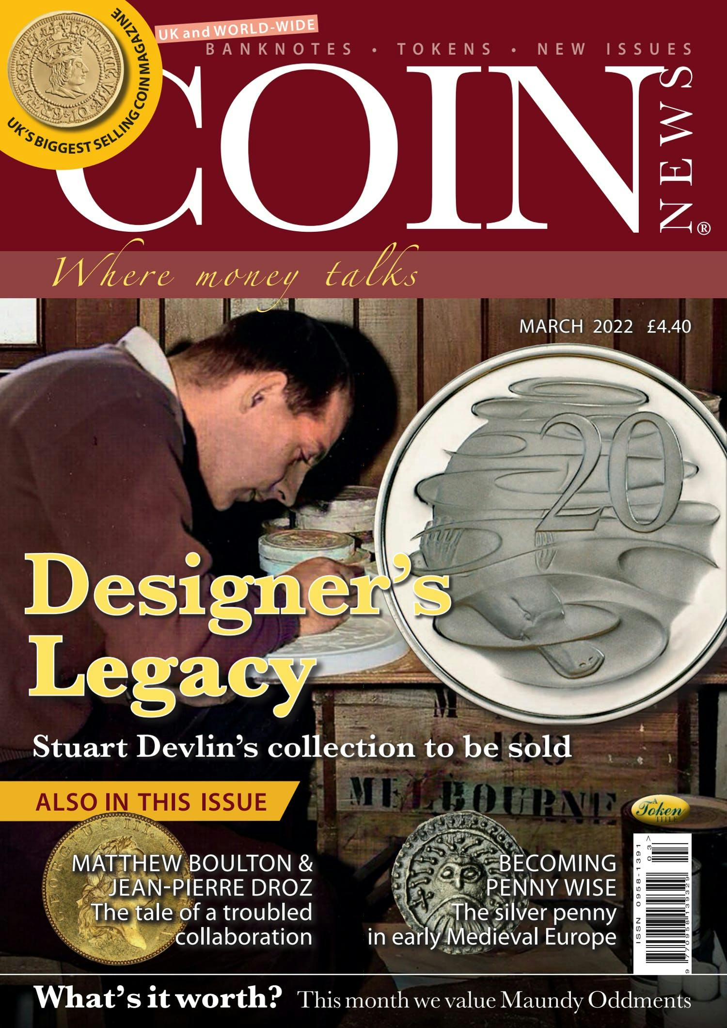 Front cover of 'designers legacy', Coin News March 2022, Volume 59, Number 3 by Token Publishing