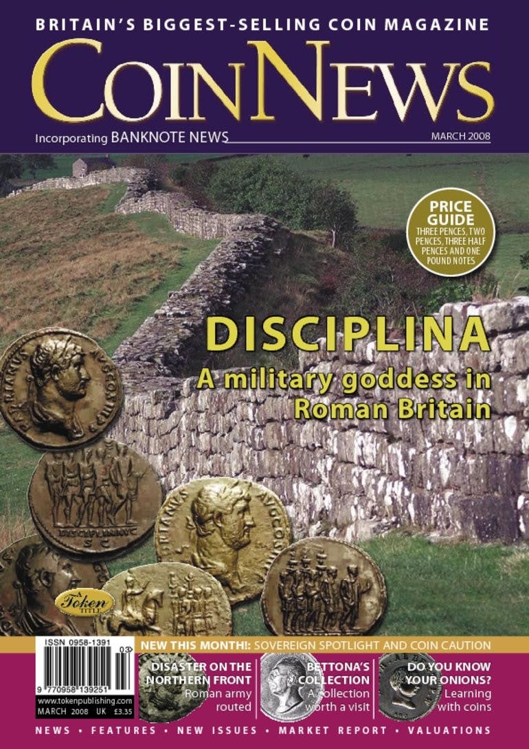Front cover of 'Disciplina', Coin News March 2008, Volume 45, Number 3 by Token Publishing