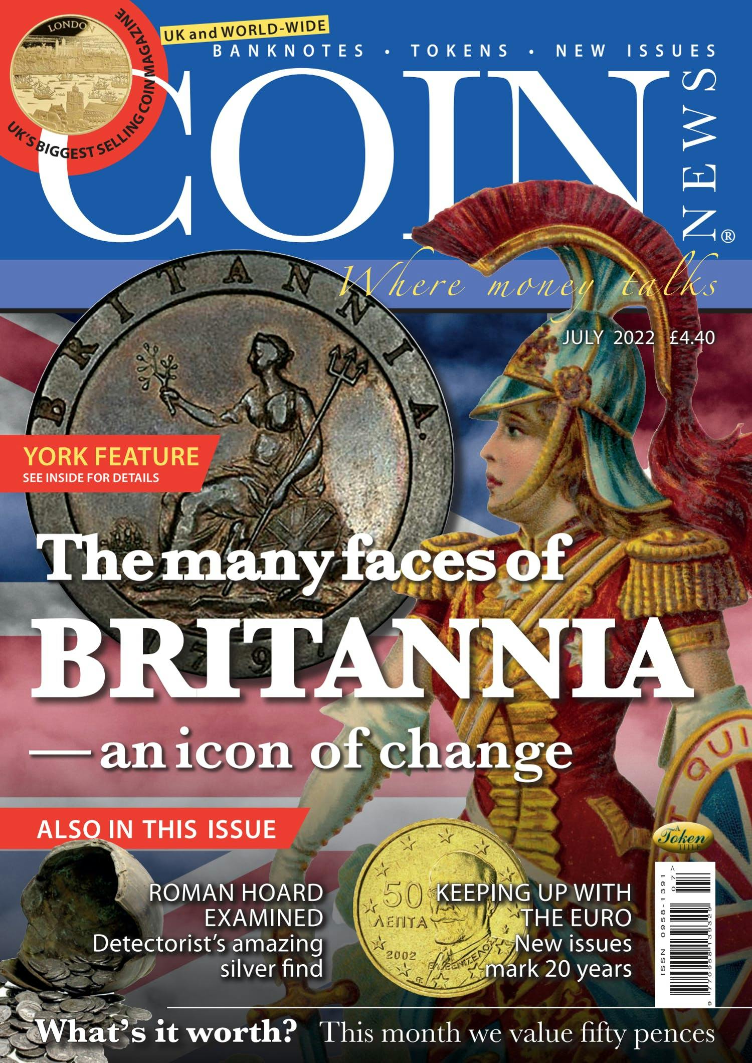 Front cover of 'The many faces of Britannia', Coin News July 2022, Volume 59, Number 7 by Token Publishing